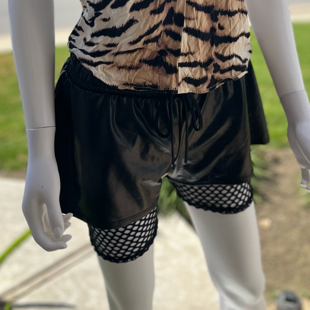 Topia High Waisted Leather Black Shorts with Fishnet Underneath.